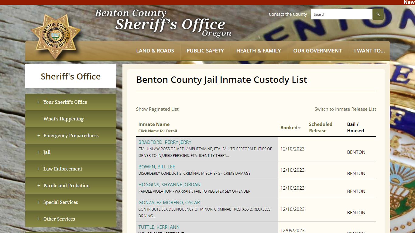 Benton County Jail Inmate Custody List | Benton County Oregon